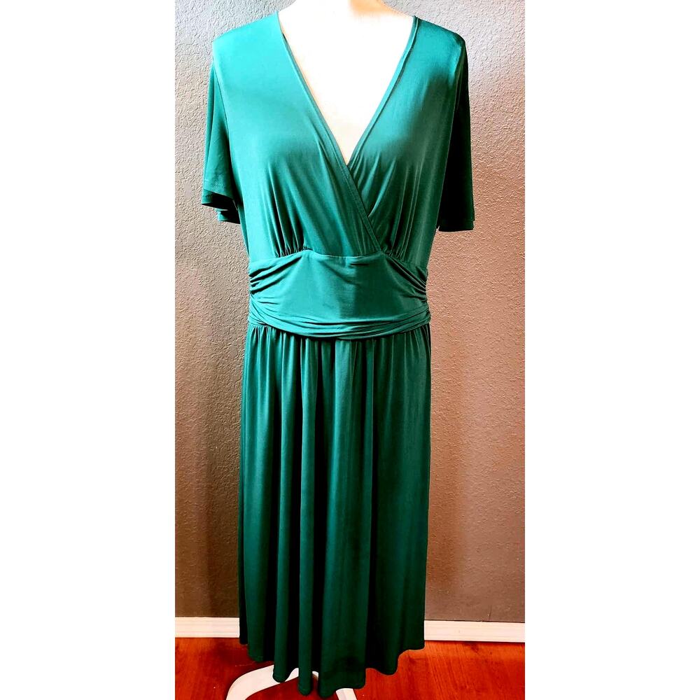 Susan Graver Faux Wrap Green Wide Waist Midi Dress Size Medium